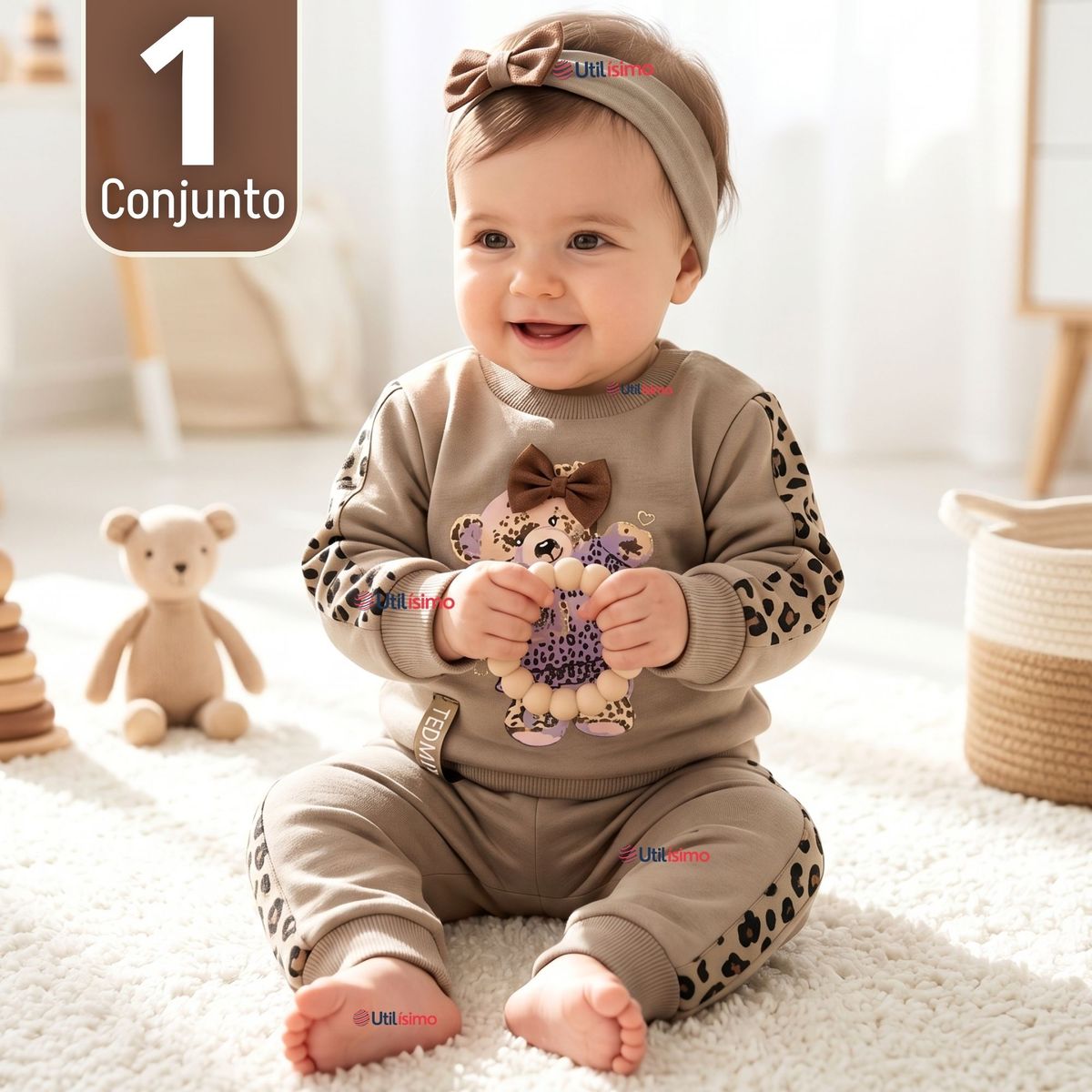 JUMP KIDS - Conjunto 3 Piezas Buzo Pantalón Polerón Body De Algodón Beige Bebé Niña