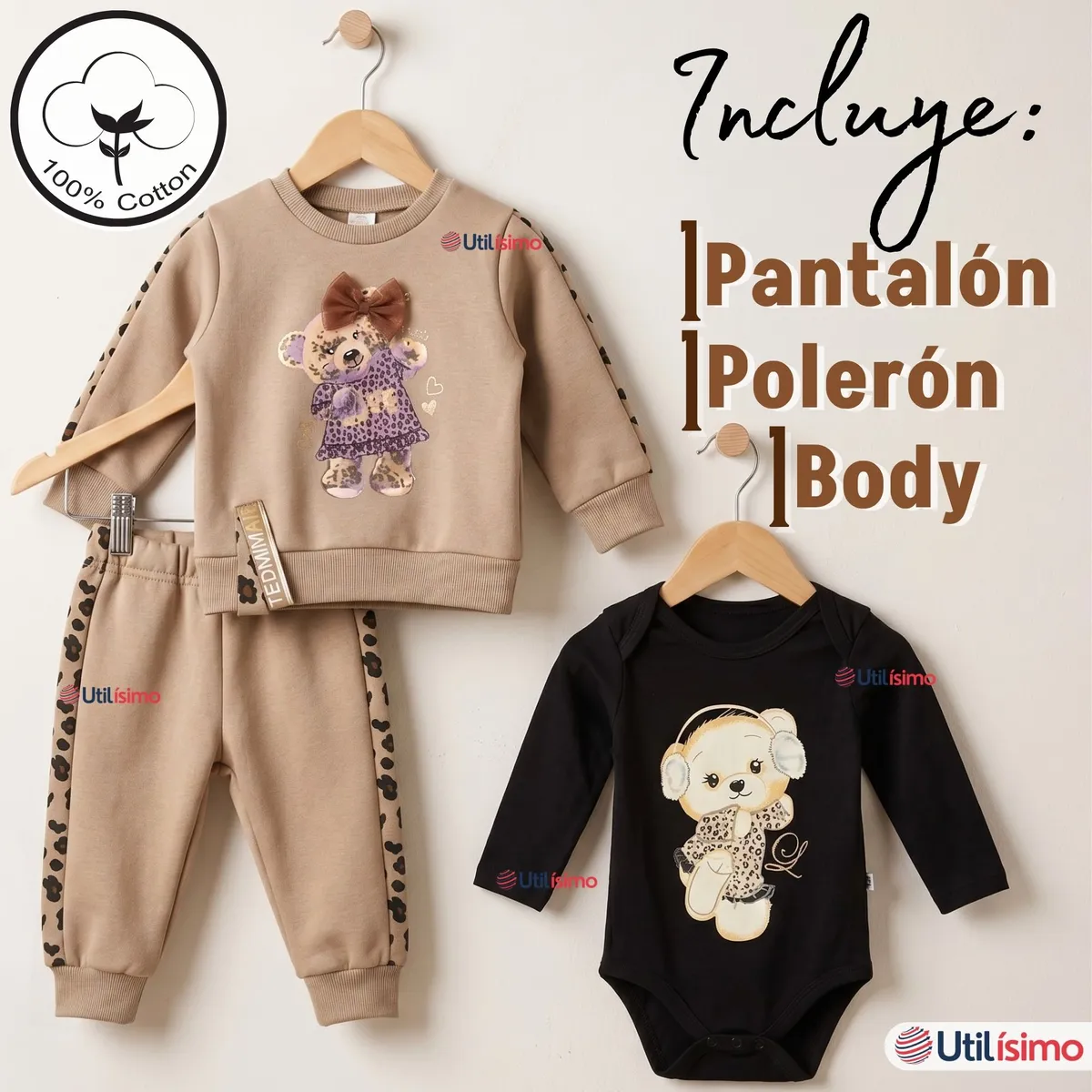 JUMP KIDS - Conjunto 3 Piezas Buzo Pantalón Polerón Body De Algodón Beige Bebé Niña