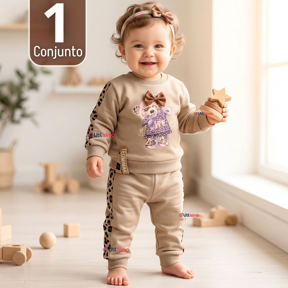 JUMP KIDS - Conjunto 3 Piezas Buzo Pantalón Polerón Body De Algodón Beige Bebé Niña