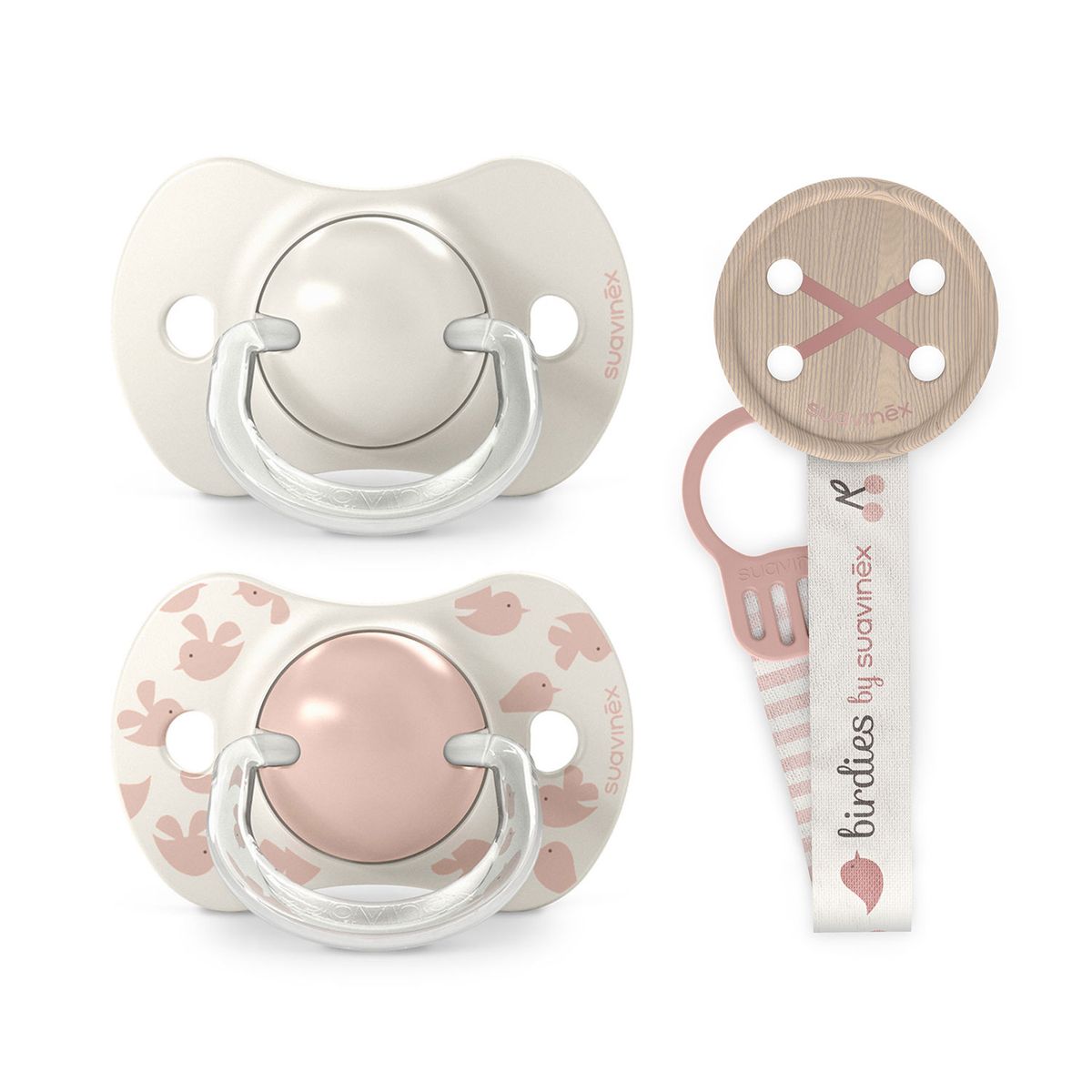 SUAVINEX - PACK CHUPETES + BROCHE BIRDIES ROSA 6-18M