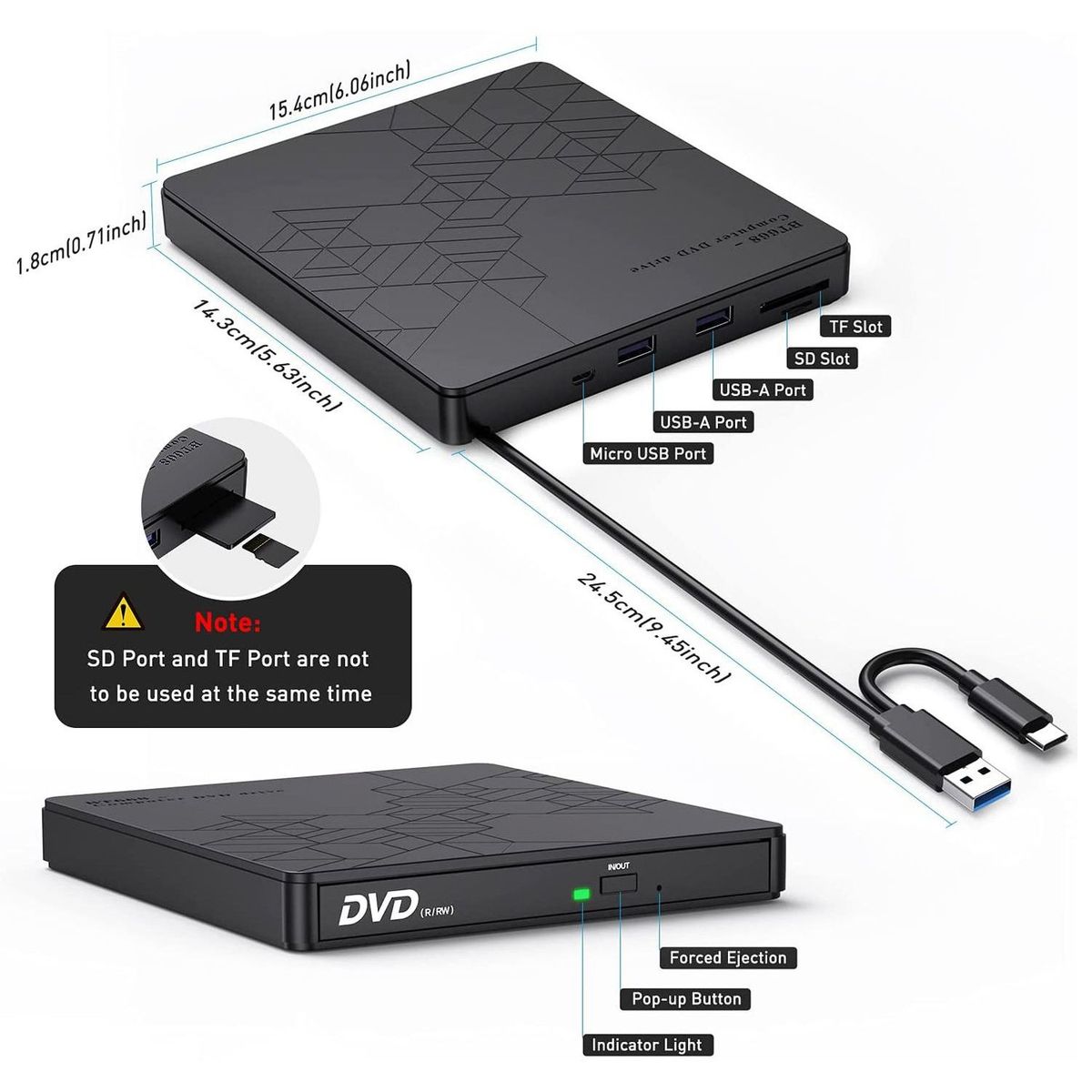 TIOZONEY - 5en1 Unidad externa de CD y DVD USB 30 portátil DVD