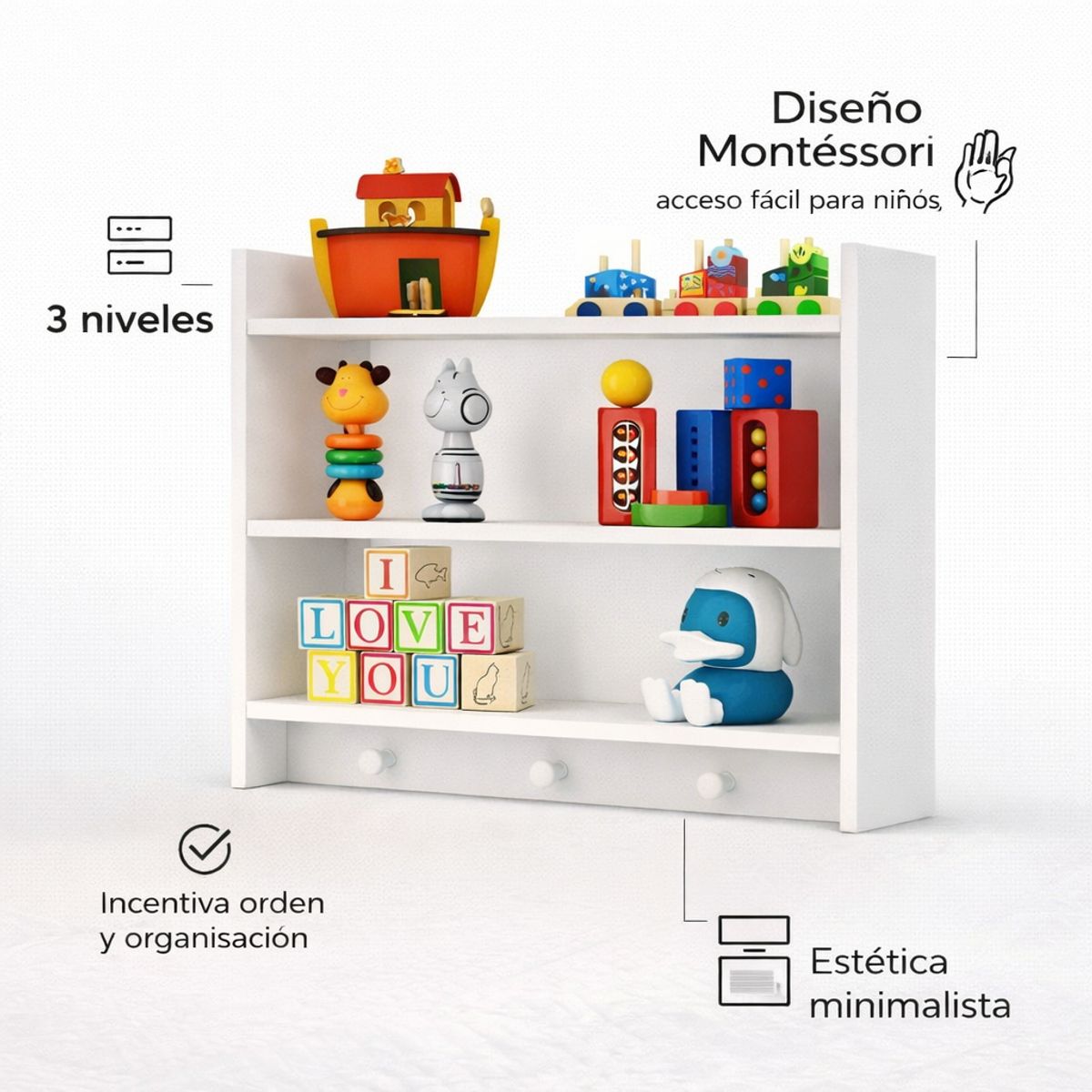 SPACE HOME - Repisa Montessori Blanca 3 Niveles Para Libros Y Juguetes