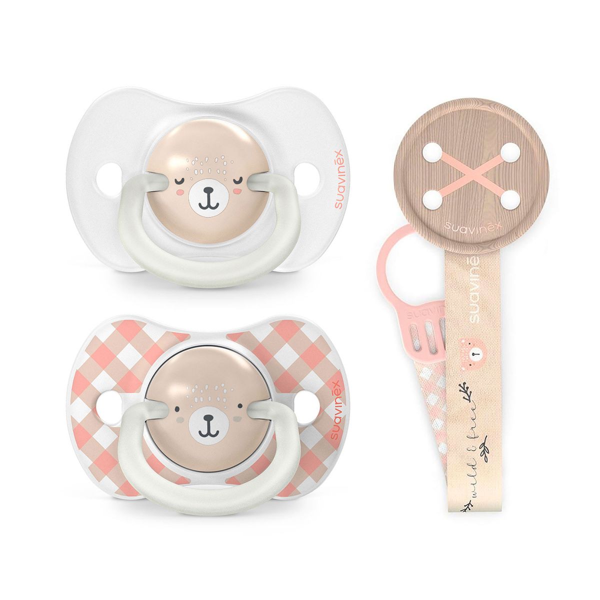 SUAVINEX - PACK CHUPETES NOCHE Y DIA + BROCHE WILD ROSA 6-18M