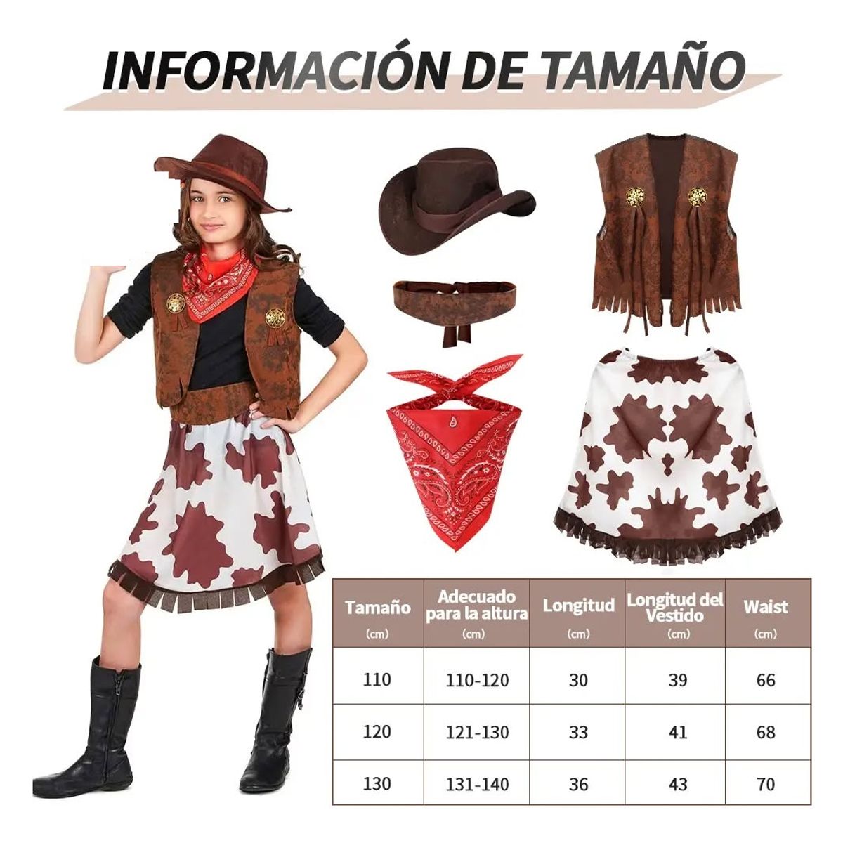 GENERICO - Set disfraz 4unds conjuntos traje vaquero cosplay para niña talla 130 ( 6 a 7 años )