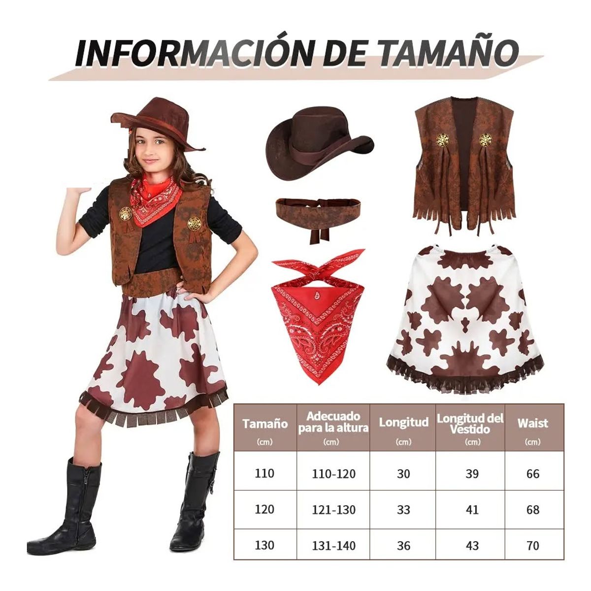 GENERICO - Set disfraz 4unds conjuntos traje vaquero cosplay para niña talla 130 ( 6 a 7 años )