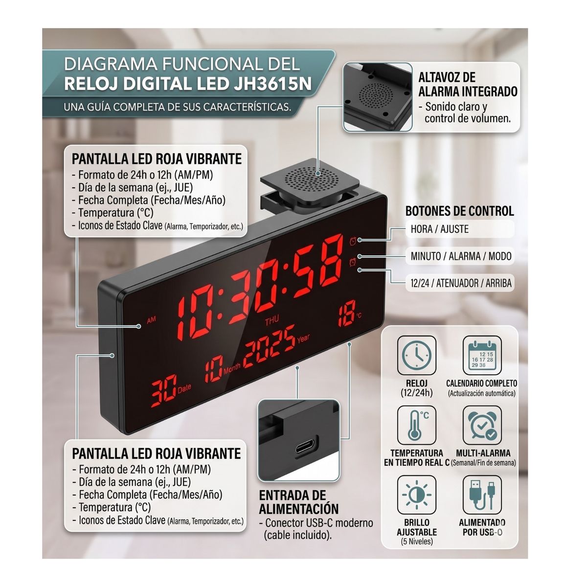 GENERICO - Reloj Mural Digital LED JH3615N Fecha Temperatura y Alarma