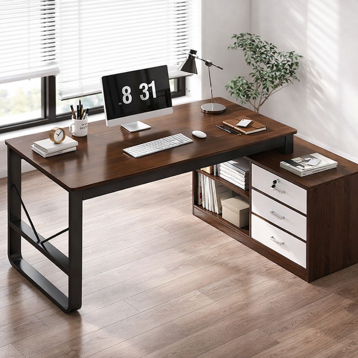 SPACE HOME - Escritorio Esquinero Dark Wood Con Cajones Y Repisas