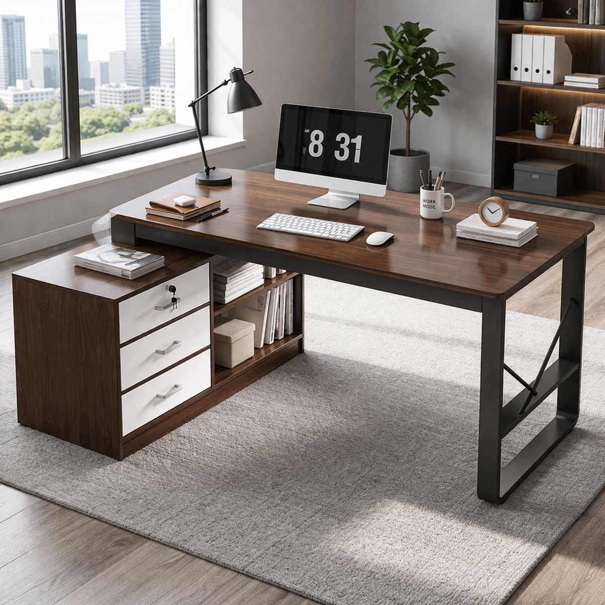 SPACE HOME - Escritorio Esquinero Dark Wood Con Cajones Y Repisas