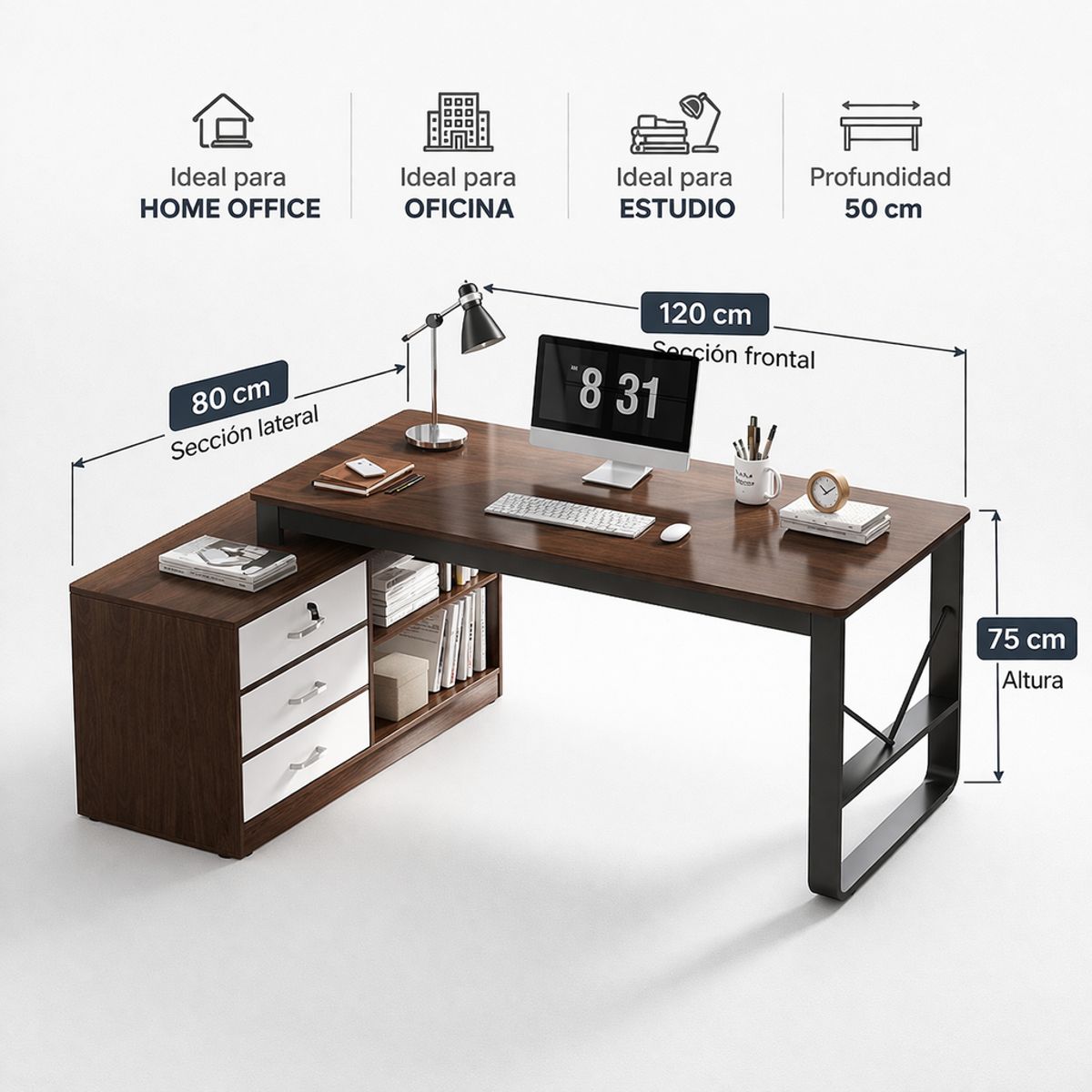 SPACE HOME - Escritorio En L Dark Wood Para Home Office U Oficina
