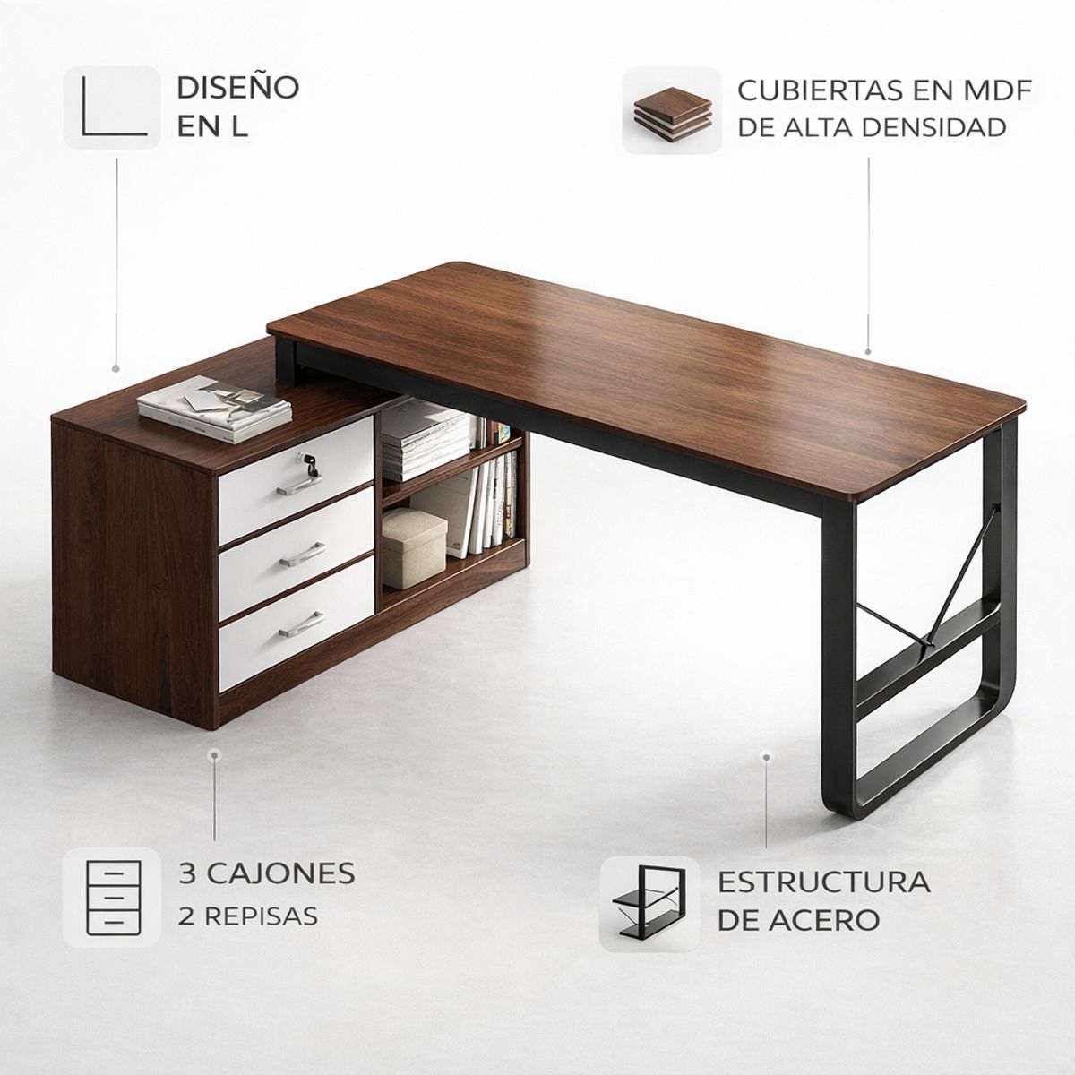 SPACE HOME - Escritorio En L Dark Wood Para Home Office U Oficina