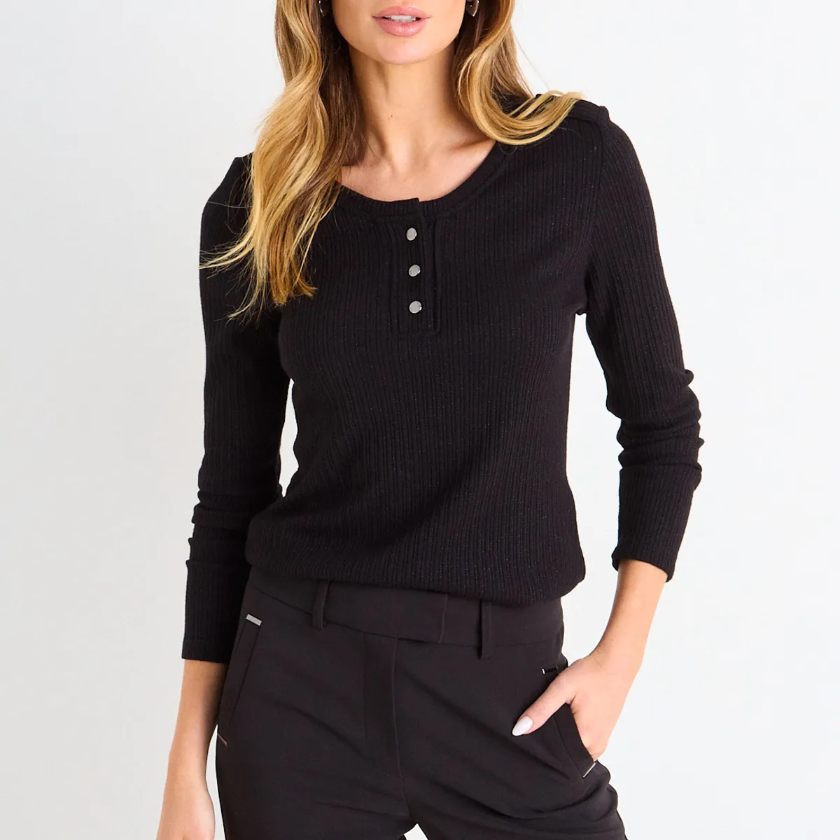 ASH - Polera Lisa Manga Larga Mujer Negro Ash