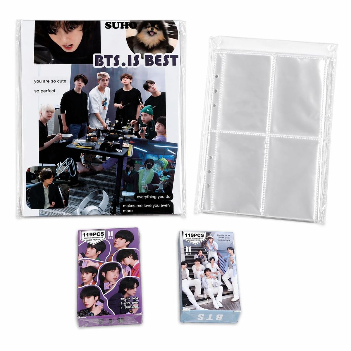 GENERICO - Set BTS Photocards + Blinder + Fundas Protectores + Caja surtido con 55 Lomo cards  + 64 Sticker