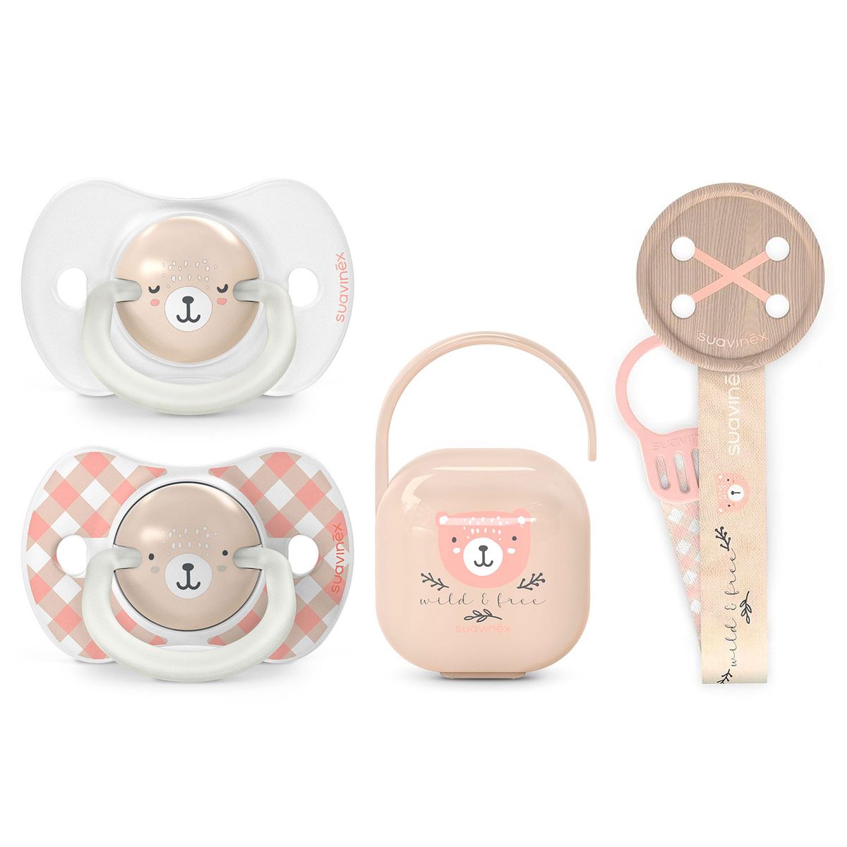 SUAVINEX - PACK CHUPETES NOCHE Y DIA + BROCHE + PORTA CHUPETES WILD ROSA 0-6M