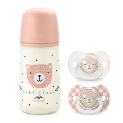 SUAVINEX - PACK CHUPETES NOCHE Y DIA + MAMADERA 270ML WILD ROSA 0-6M