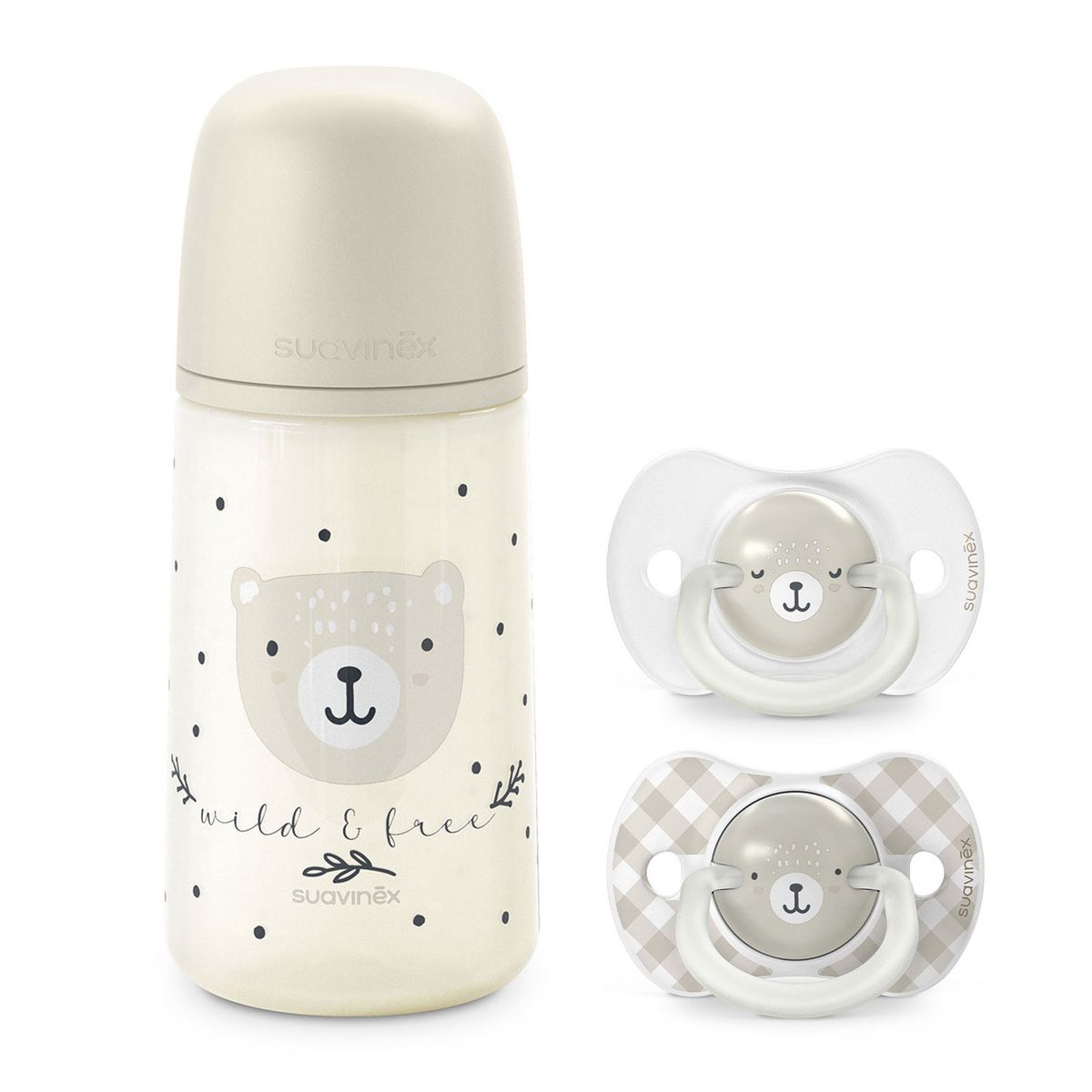 SUAVINEX - PACK CHUPETES NOCHE Y DIA + MAMADERA 270ML WILD GRIS 6-18M