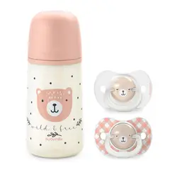 SUAVINEX - PACK CHUPETES NOCHE Y DIA + MAMADERA 270ML WILD ROSA 6-18M
