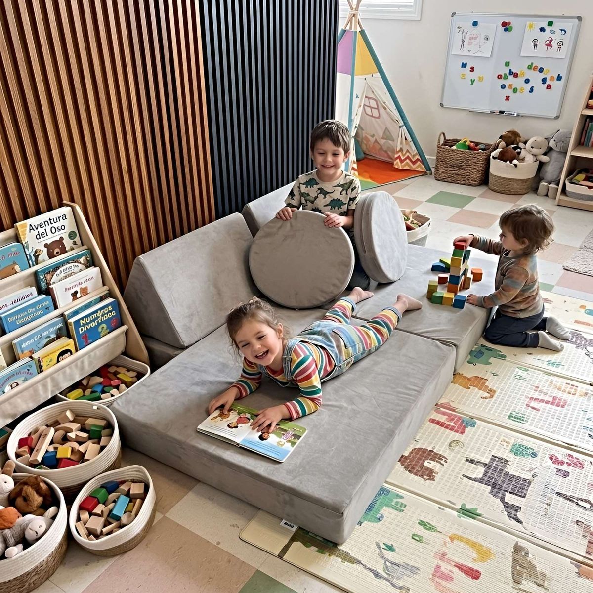 GENERICO - Sofá Modular de Juegos 5 Piezas - Construcción Resistente para Pequeños Arquitectos rosa gris c.