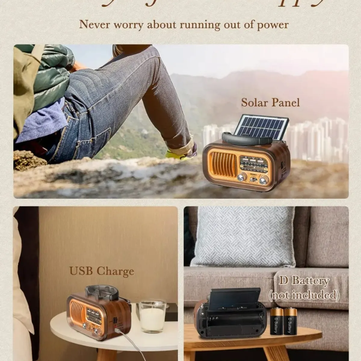 IRM - Radio Vintage Bluetooth Am Fm Portatil Solar Recargable Usb Alta Fidelidad Sonido Pro FIGOIMPORT