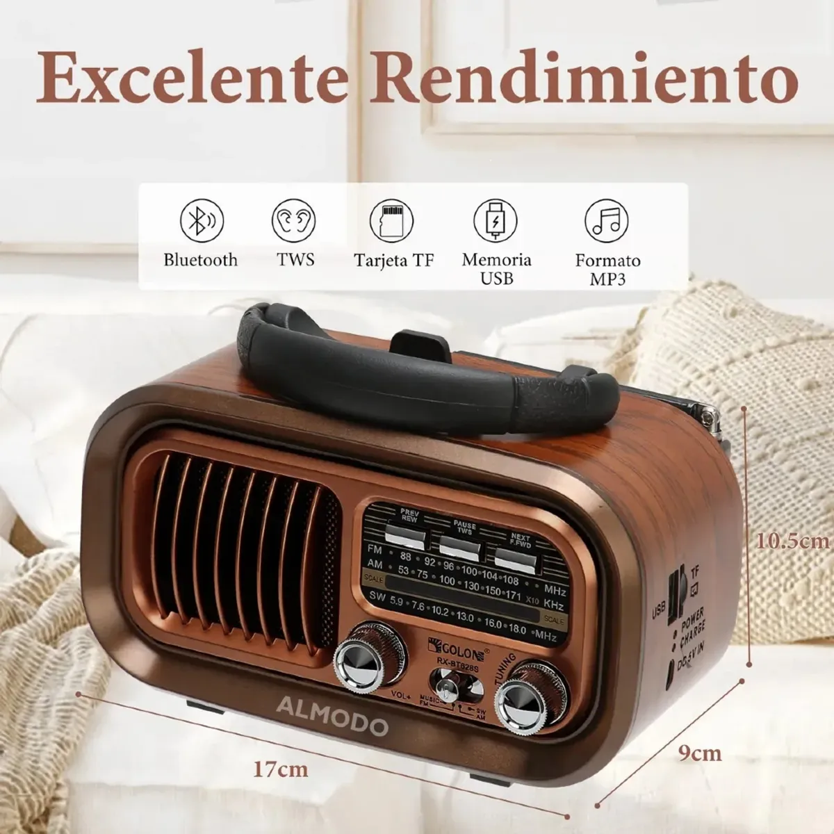 IRM - Radio Vintage Bluetooth Am Fm Portatil Solar Recargable Usb Alta Fidelidad Sonido Pro FIGOIMPORT