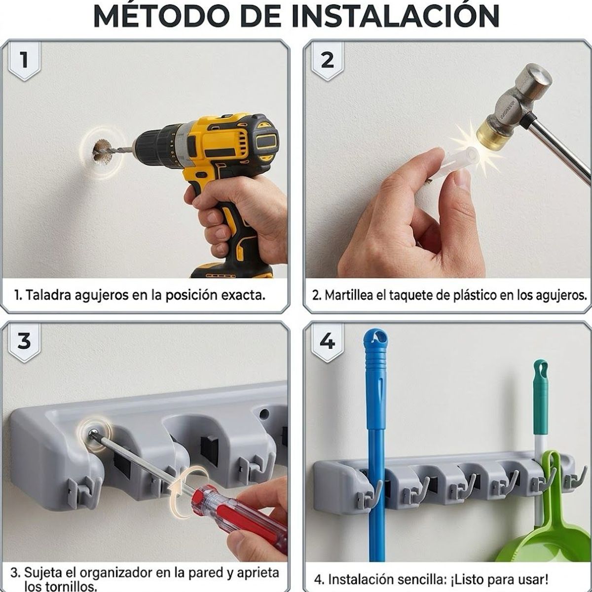 GENERICO - Organizador Porta Escobas Útiles De Aseo Cocina Pared Gris