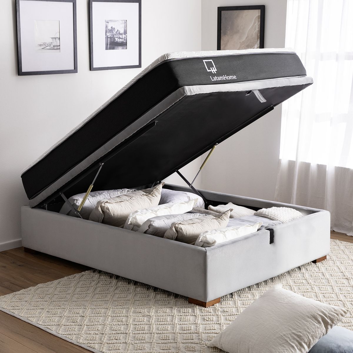 LATAM HOME - Cama Funcional Boxet 1 1/2 Plaza Colchon Resortes New Top Funda Lavable Tela Gris
