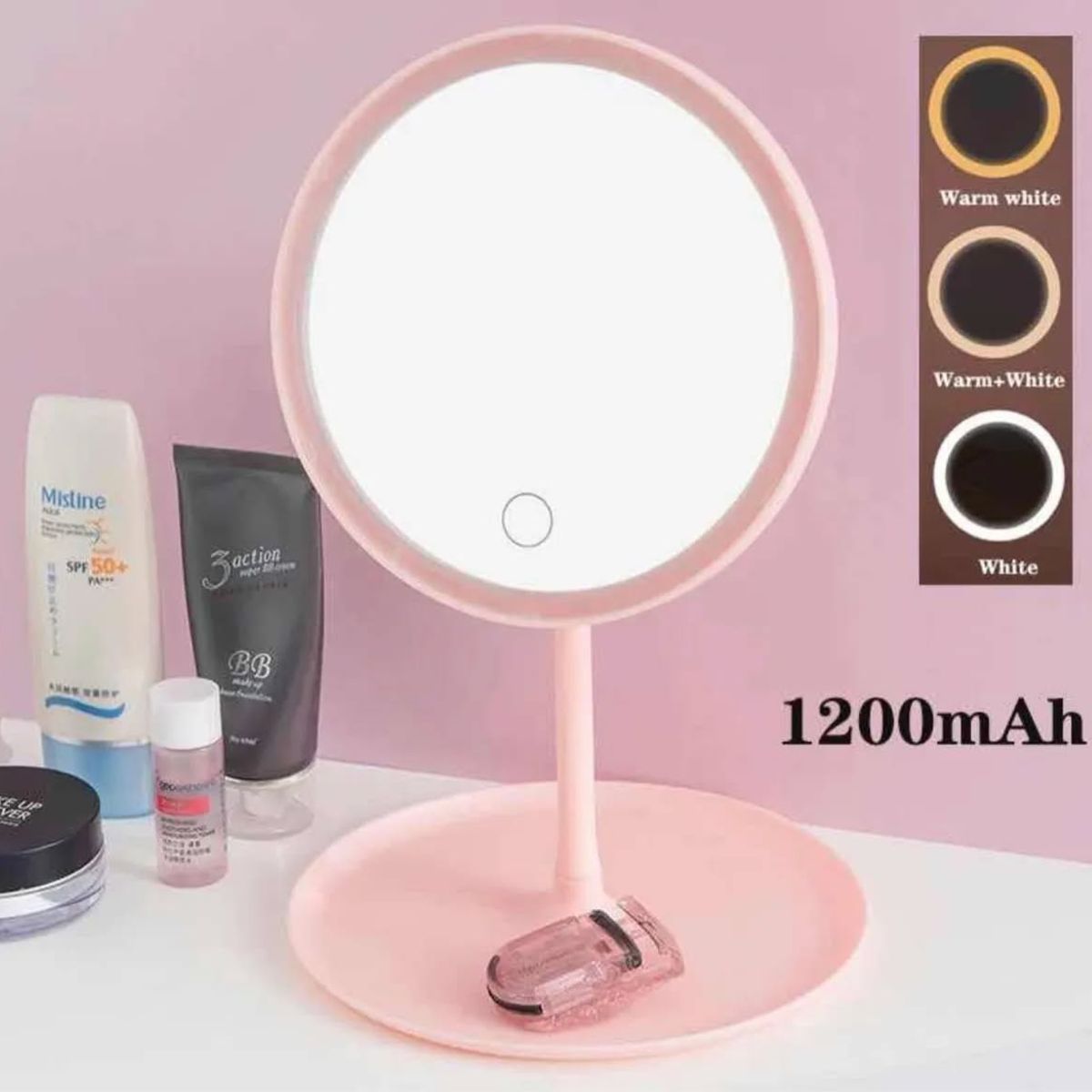 GENERICO - Espejo luz led maquillaje redondo 3 tonos táctil gira 360° 26,5cm x 18,5cm
