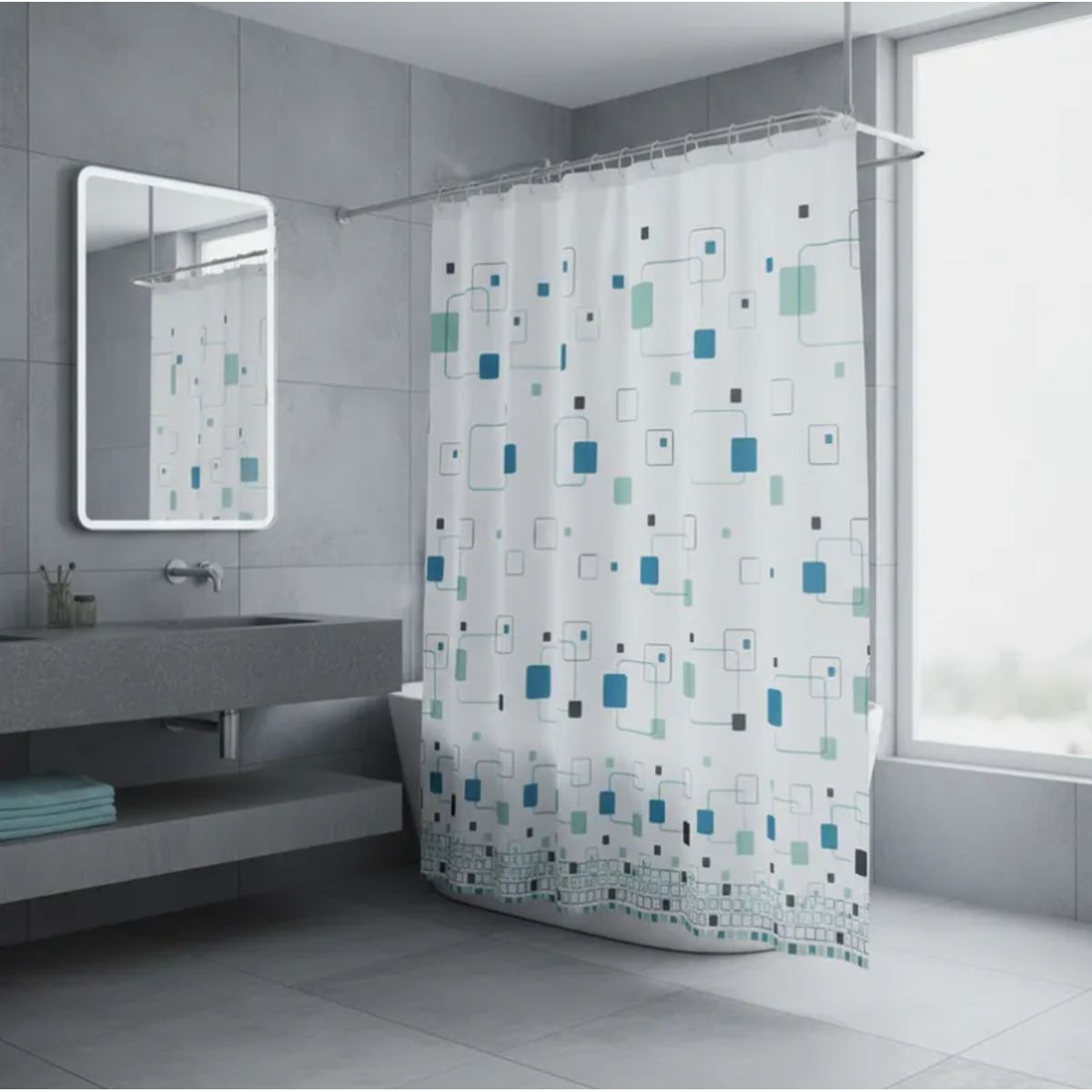 GENERICO - Cortina De Baño Peva 180x180 Cm Diseño Cuadrados Con Ganchos