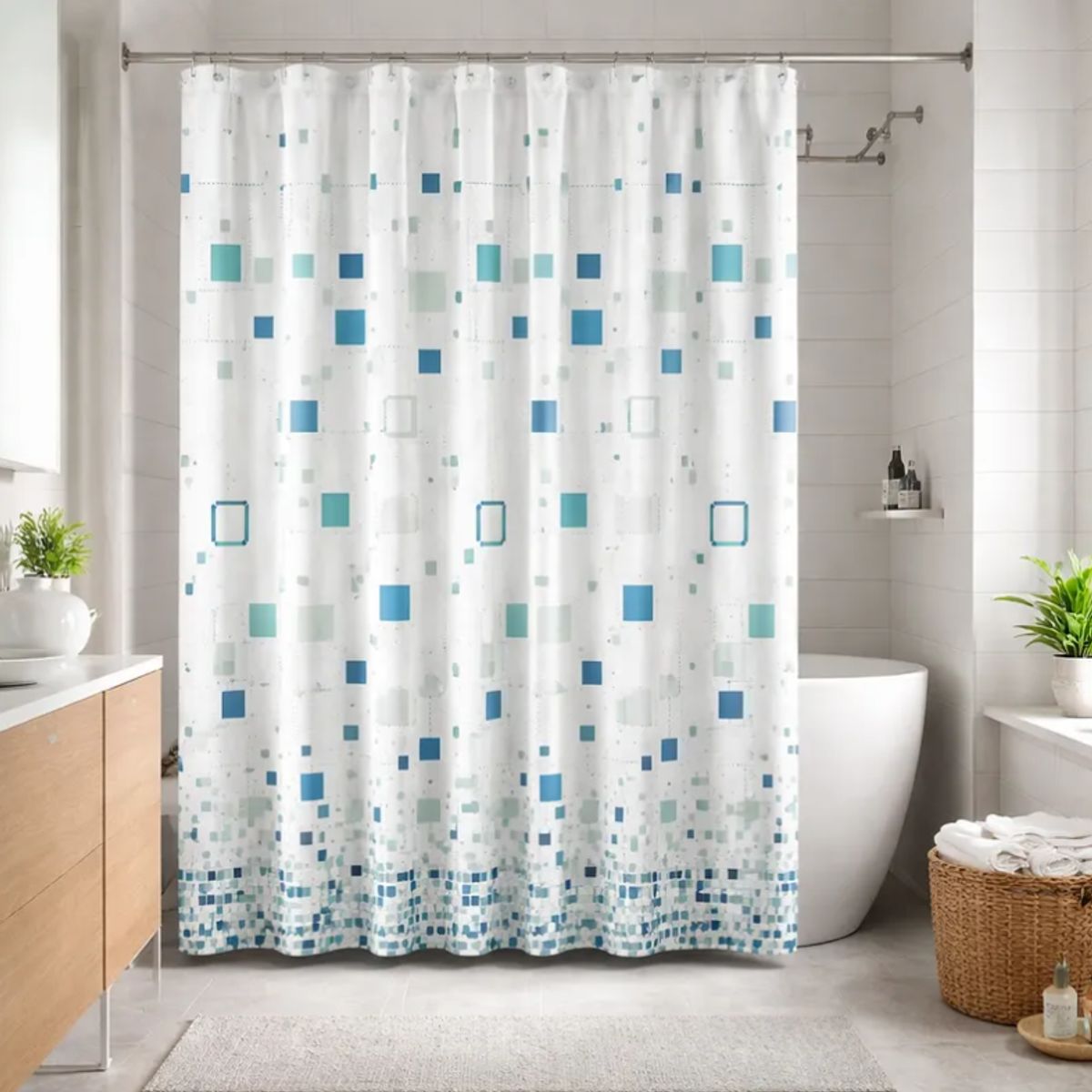 GENERICO - Cortina De Baño Peva 180x180 Cm Diseño Cuadrados Con Ganchos