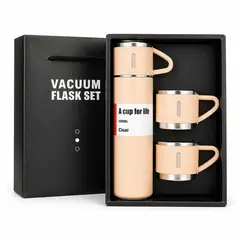 GENERICO - Set Termo Acero 500ml + 3 Tazas Térmico Portátil Crema