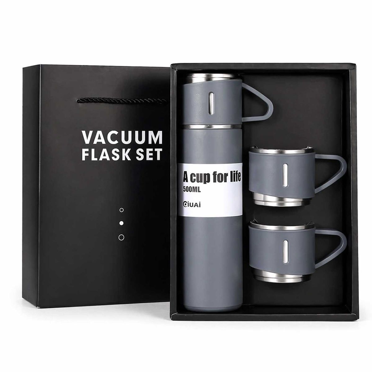 GENERICO - Set Termo Acero 500ml + 3 Tazas Térmico Portátil Plomo