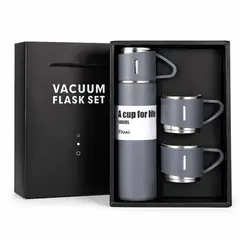 GENERICO - Set Termo Acero 500ml + 3 Tazas Térmico Portátil Plomo