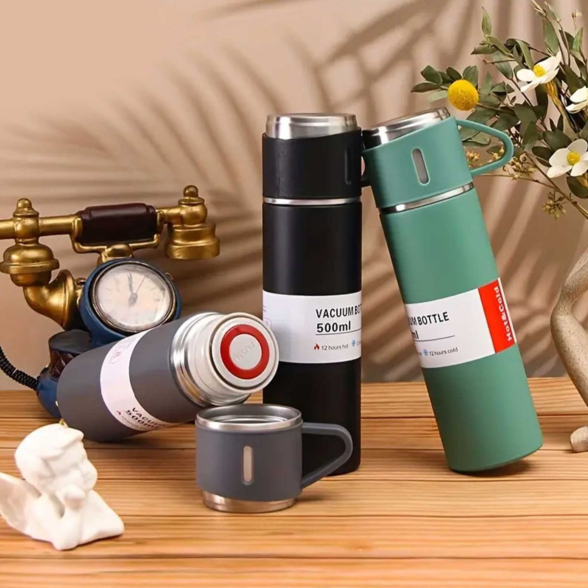 GENERICO - Set Termo Acero 500ml + 3 Tazas Térmico Portátil Plomo