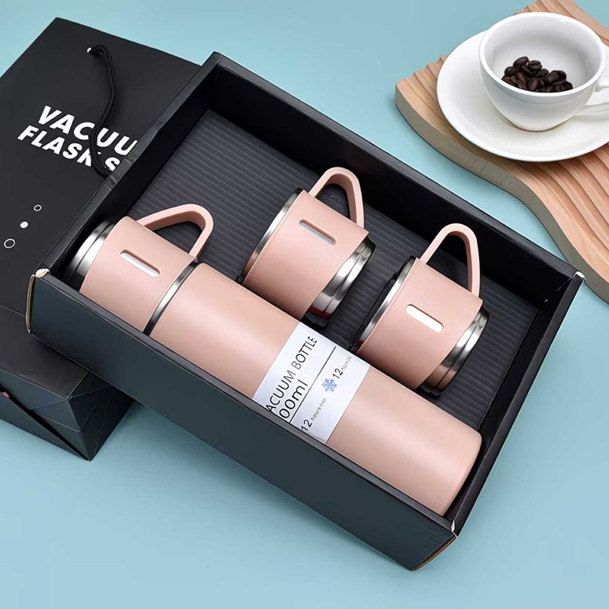GENERICO - Set Termo Acero 500ml + 3 Tazas Térmico Portátil CREMA