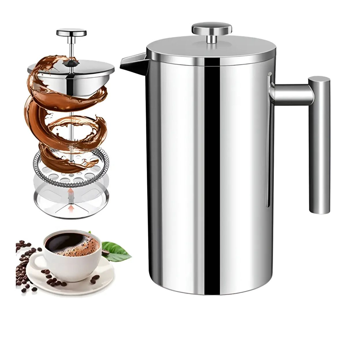 GENERICO - Cafetera De Prensa Francesa De Acero Inoxidable, 800 Ml Plateado