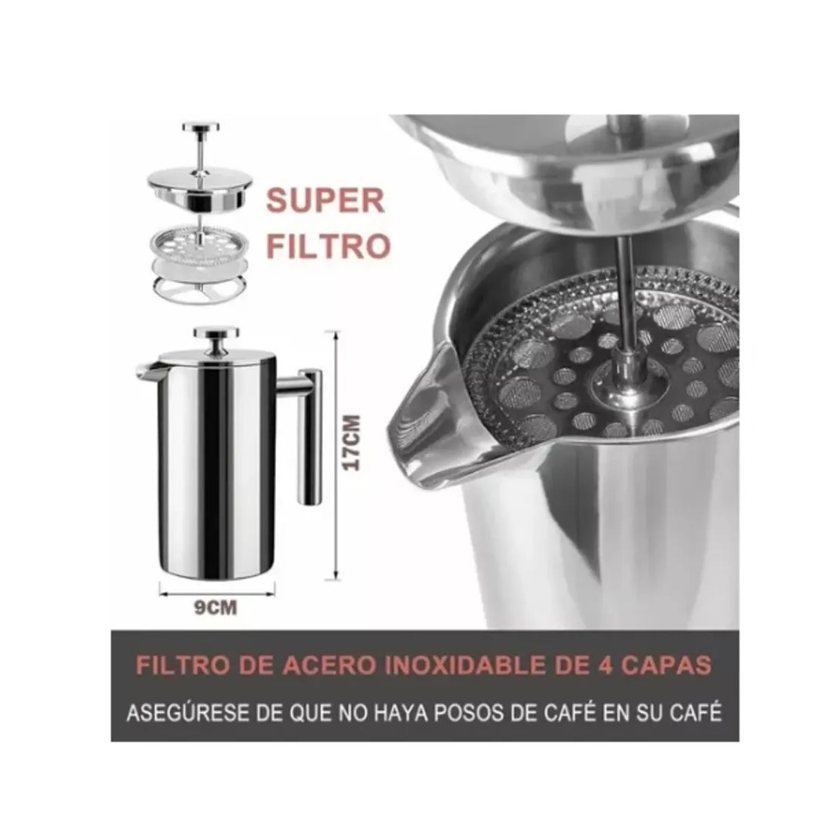 GENERICO - Cafetera De Prensa Francesa De Acero Inoxidable, 800 Ml Plateado