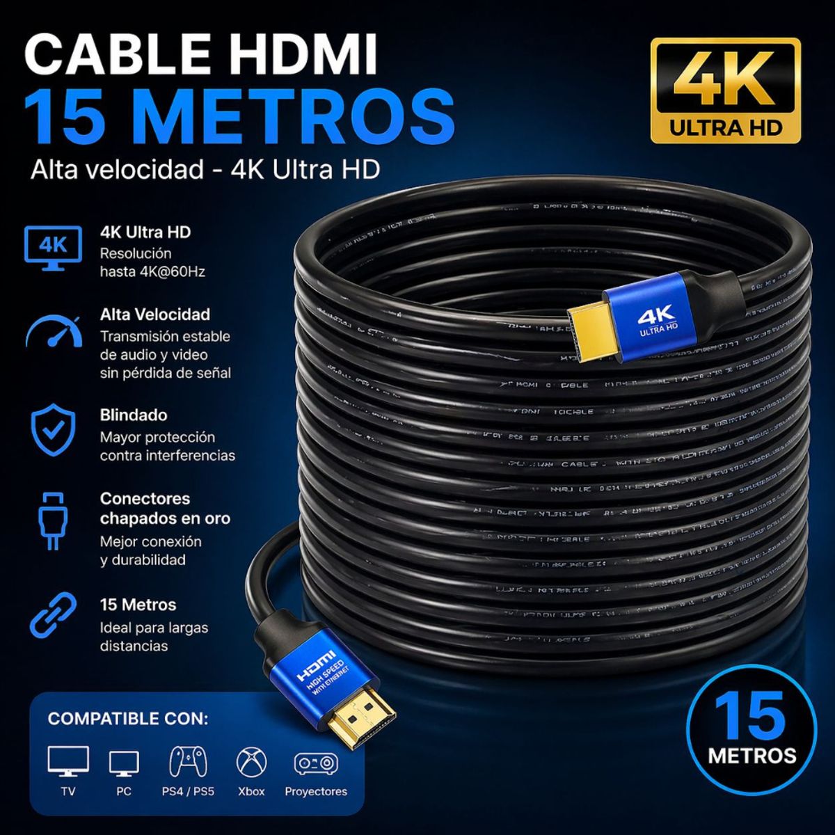 IRM - Cable Hdmi 15 Metros 4k UHD Alta Velocidad Blindado compatible TV PS5 Xbox PC
