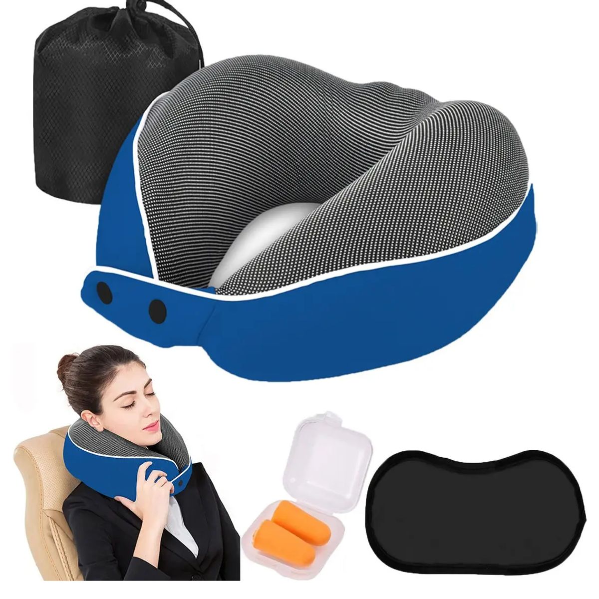 GENERICO - Almohada Cervical Aizo Viaje Azul Oscuro Espuma Viscoelástica Con Funda