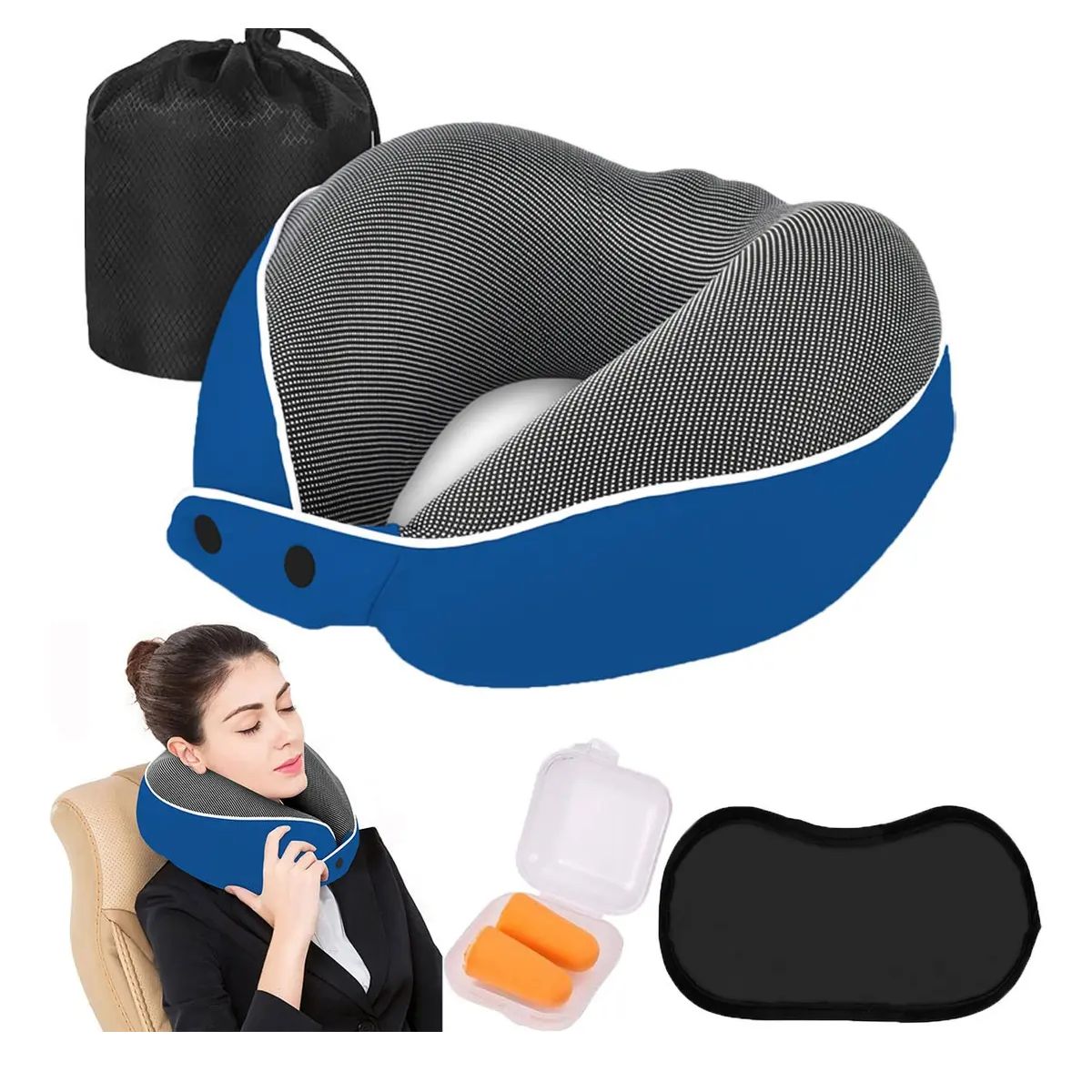GENERICO - Almohada Cervical Aizo Viaje Azul Oscuro Espuma Viscoelástica Con Funda