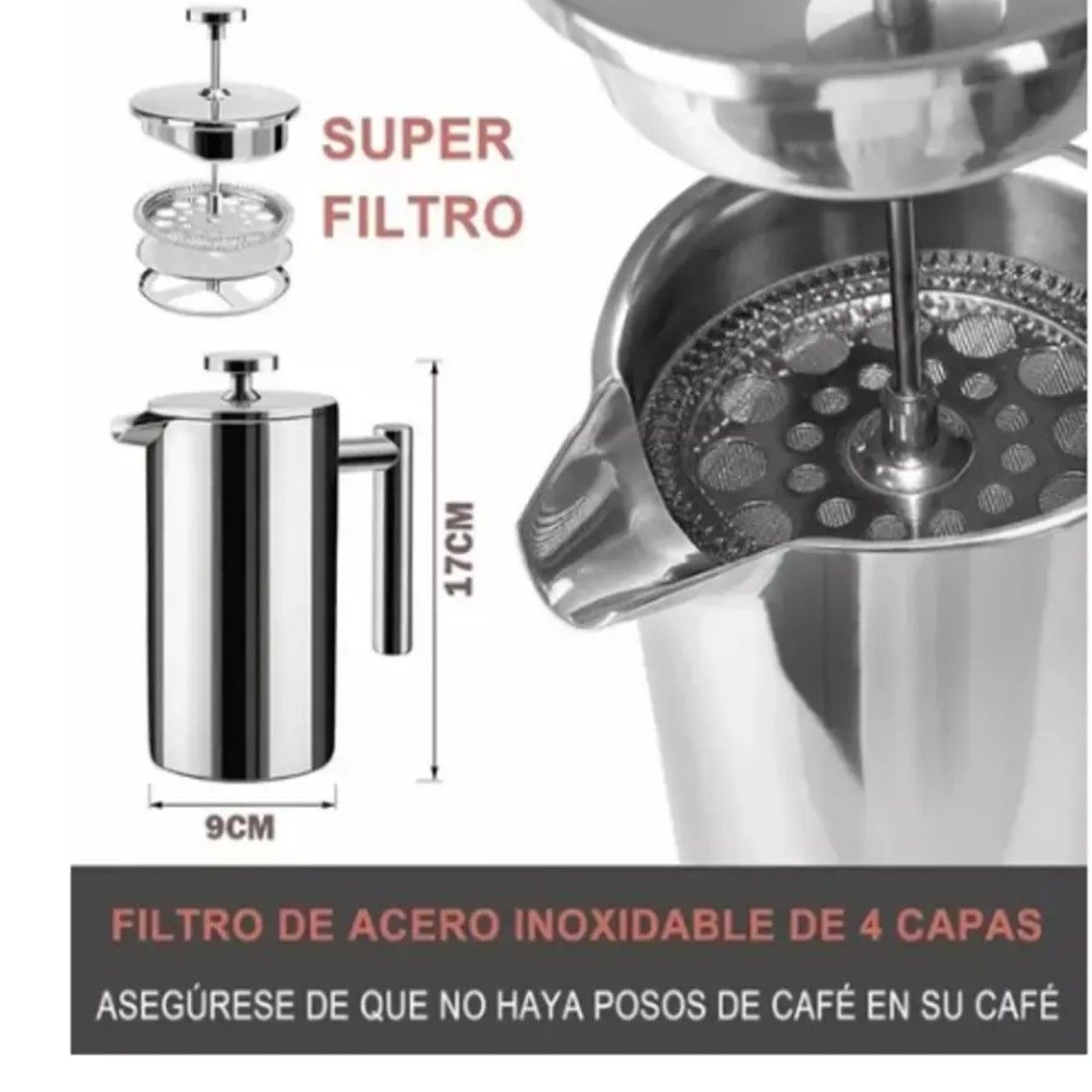 GENERICO - Cafetera De Prensa Francesa De Acero Inoxidable, 800 Ml Plateado BELUG
