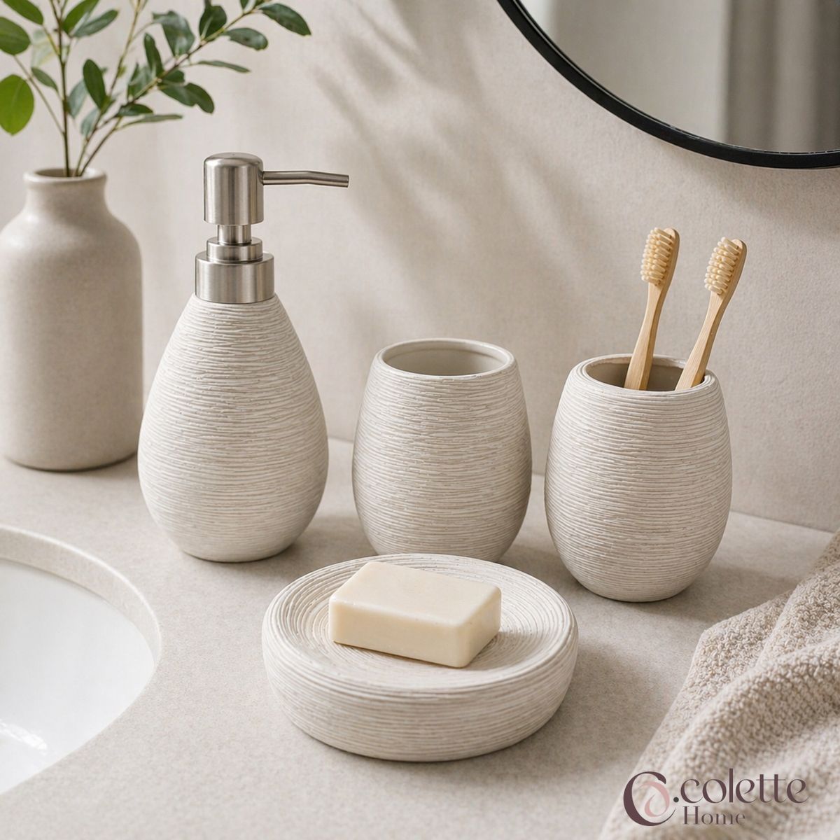 COLETTE - Set de Accesorios de Baño 4 Piezas Cerámica Arena