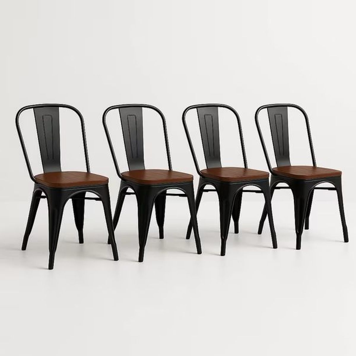 GENERICO - Pack 4 Sillas Tolix Negra Asiento Madera Café