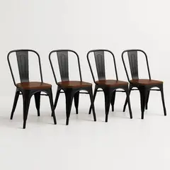 GENERICO - Pack 4 Sillas Tolix Negra Asiento Madera Café