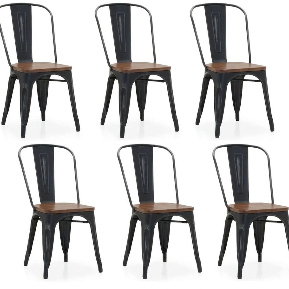 GENERICO - Pack 6 Sillas Tolix Negras Asiento Madera Café