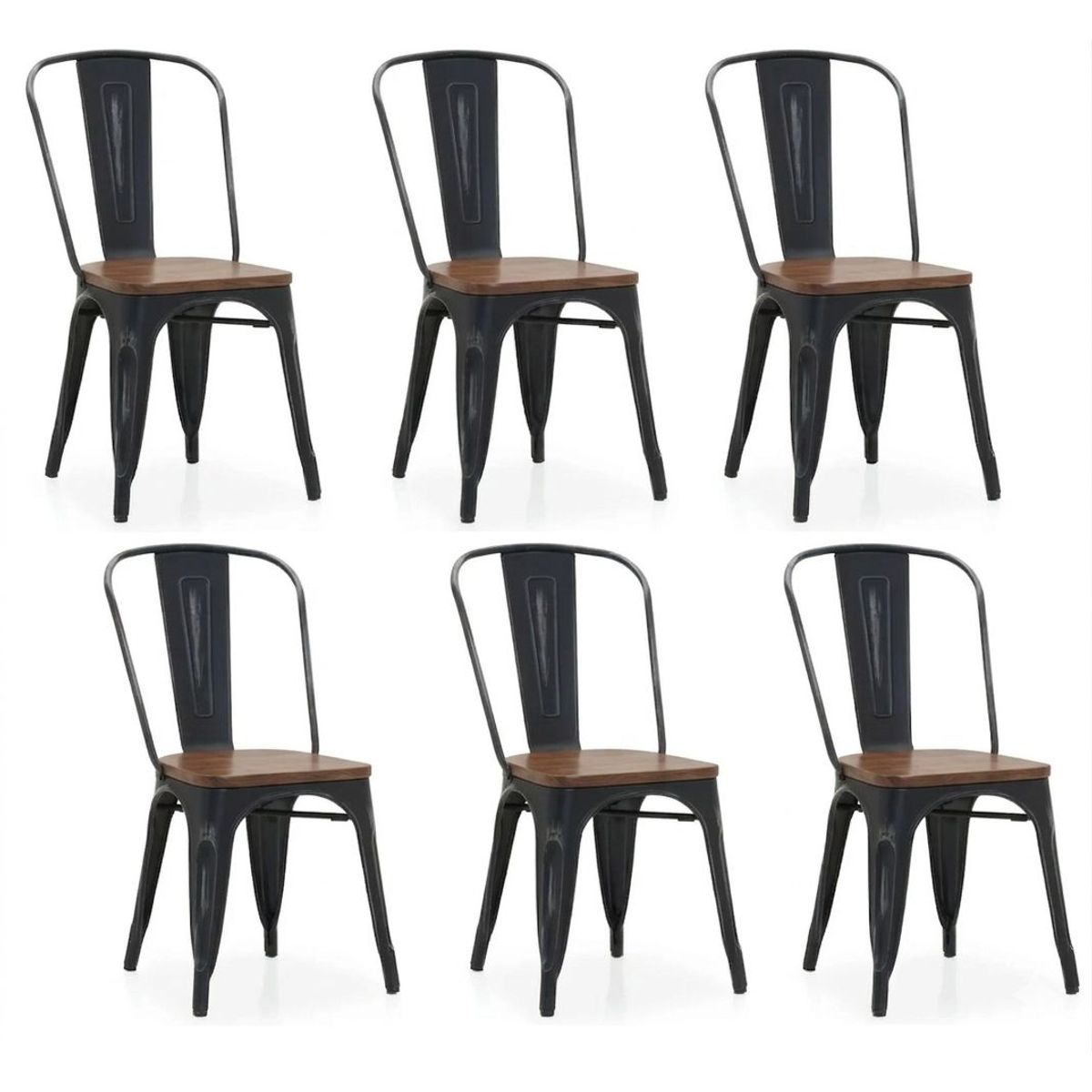 GENERICO - Pack 6 Sillas Tolix Negras Asiento Madera Café