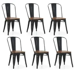 GENERICO - Pack 6 Sillas Tolix Negras Asiento Madera Café