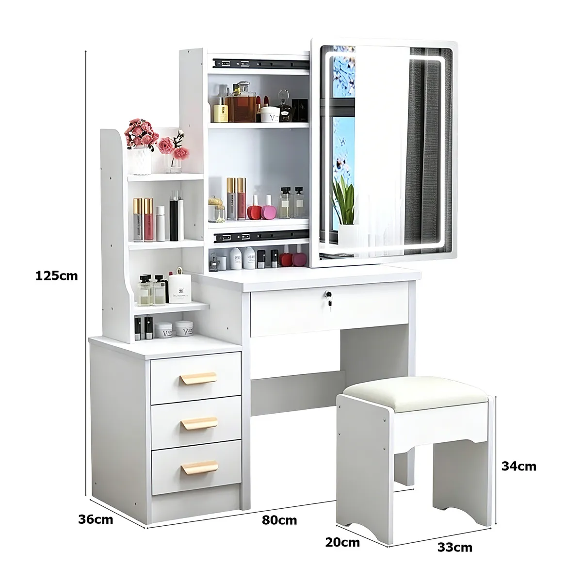 ROHE - Tocador con Luz Espejo 4 Cajones y Taburete Blanco 80x36x125cm