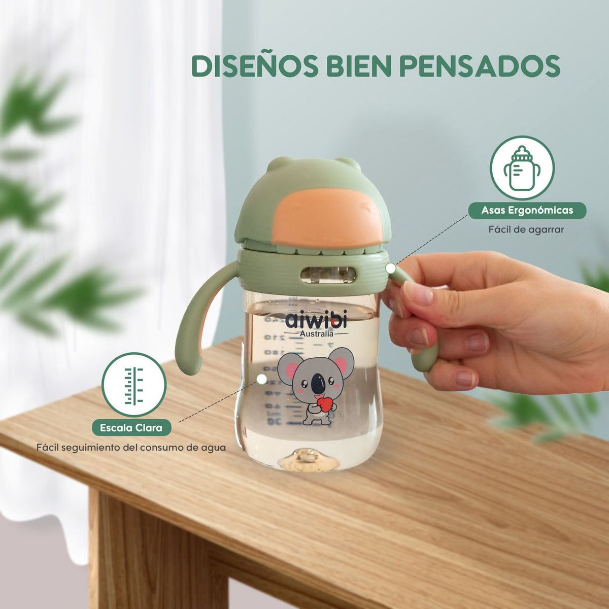AIWIBI - Botella Vaso De Agua Con Bombilla 300ml antiderrame Celeste