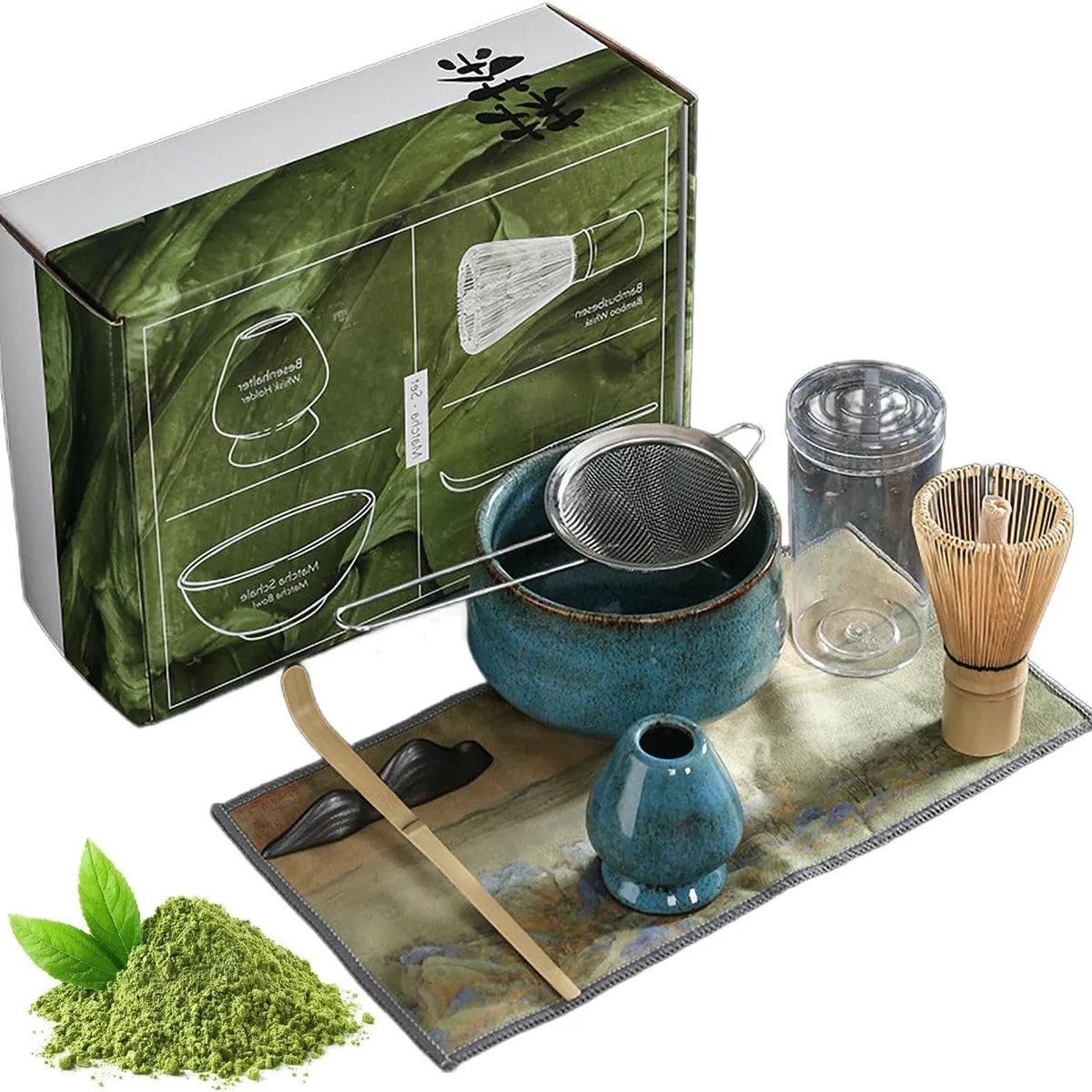 KUANGYE - Set de Té Matcha Tradicional 7 Piezas - Con Batidor,Tazón de Cerámica Hecho a Mano,Soporte,Cuchara