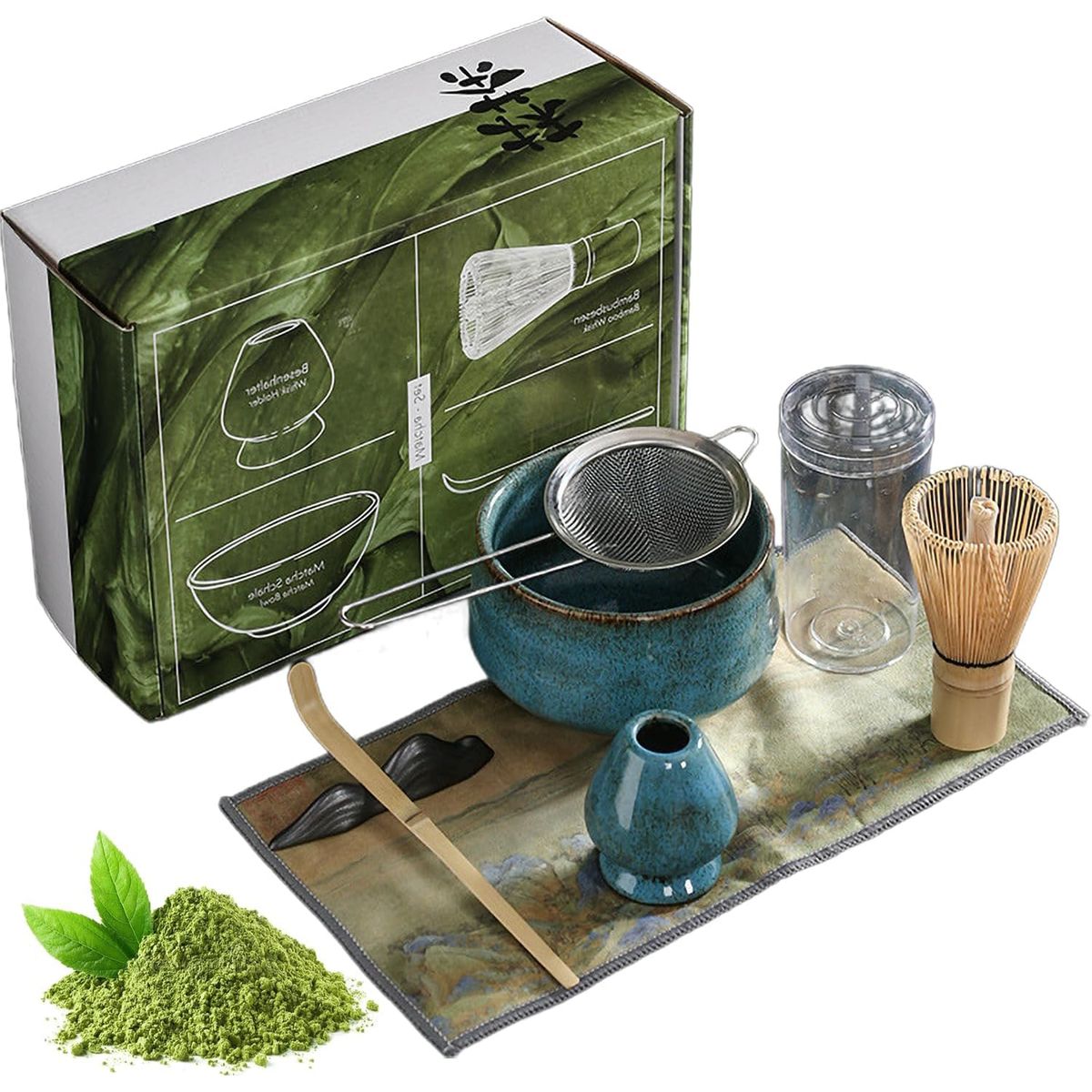 KUANGYE - Set de Té Matcha Tradicional 7 Piezas - Con Batidor,Tazón de Cerámica Hecho a Mano,Soporte,Cuchara