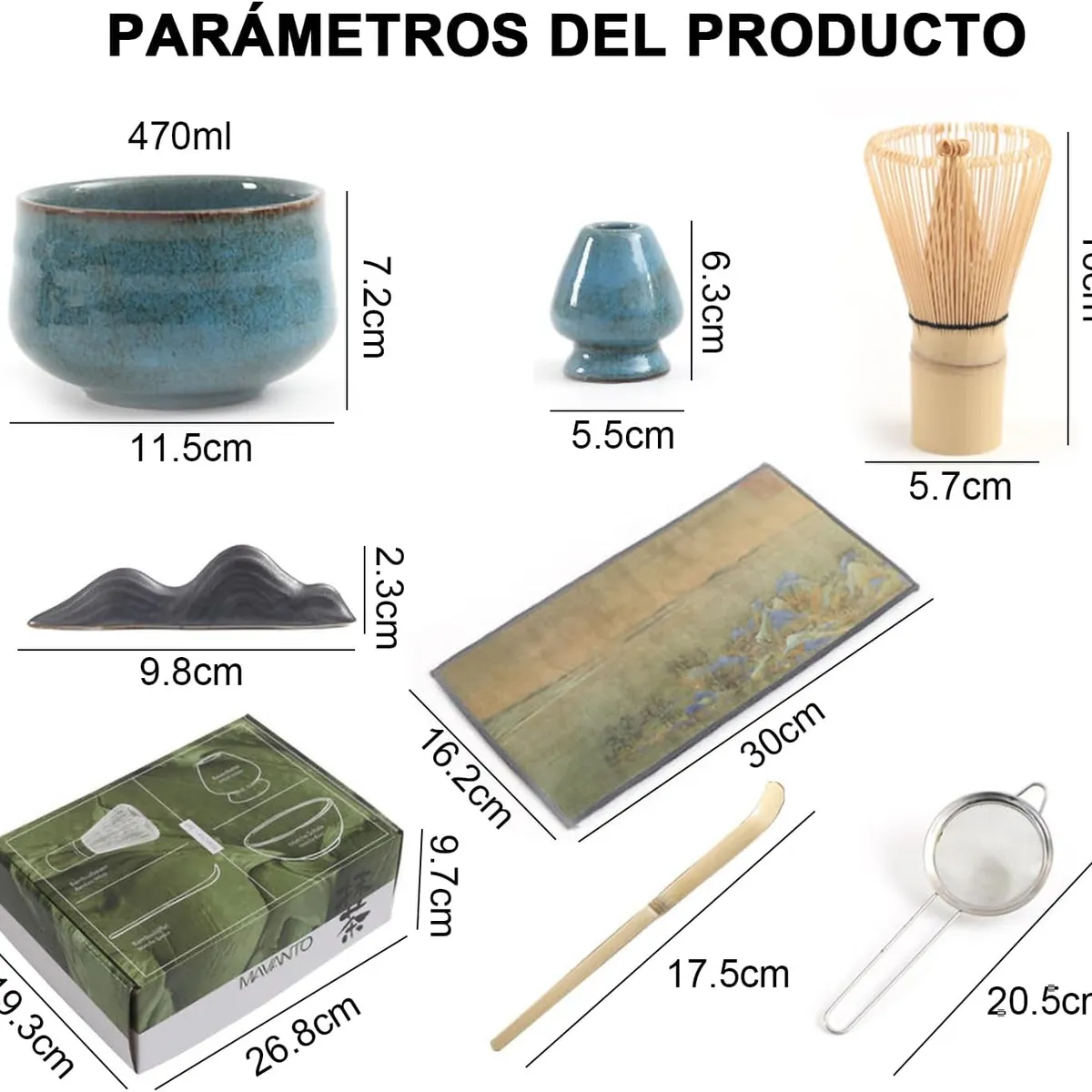 KUANGYE - Set de Té Matcha Tradicional 7 Piezas - Con Batidor,Tazón de Cerámica Hecho a Mano,Soporte,Cuchara